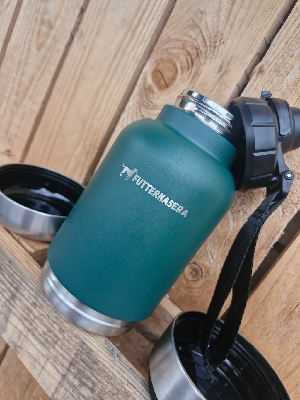 Gourde pour chien 1 L avec deux gamelles – Verte